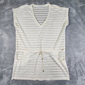 Calvin Klein Coverup XL Cream Stripe Eyelet Mesh Crochet Drawstring Vneck Pocket